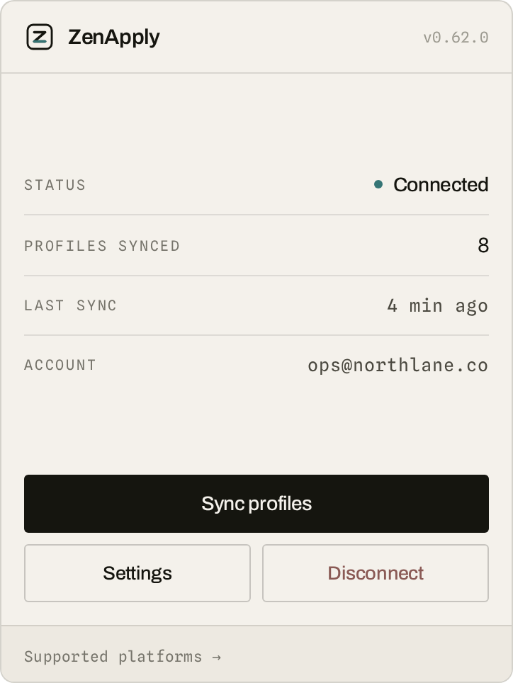 ZenApply Chrome extension popup, connected state